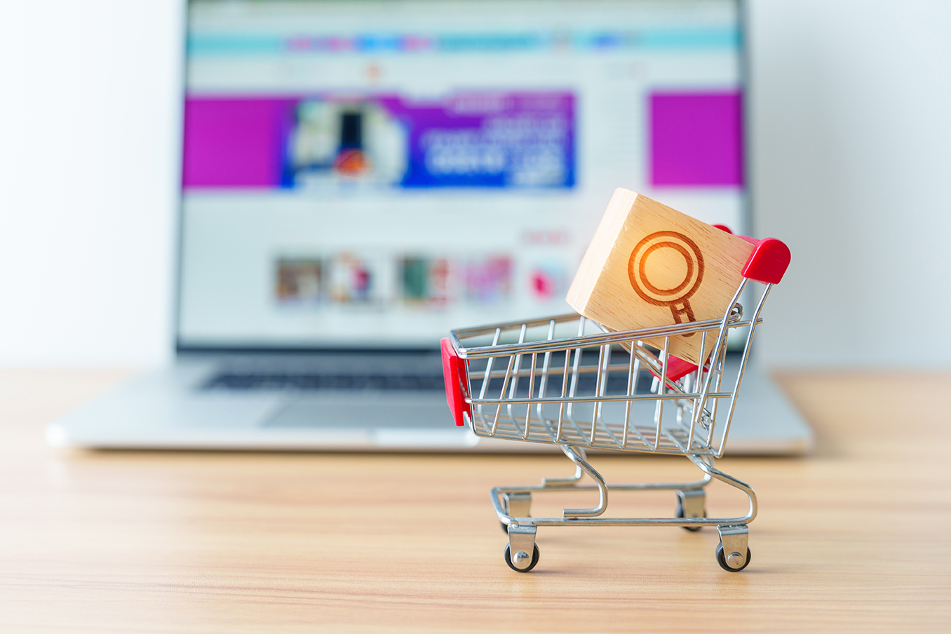 Shopping cart with Magnifying icon block and laptop photo